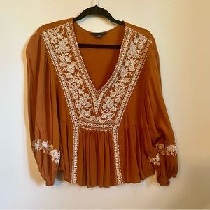 American Eagle Outfitters Brown Embellished Pleated Blouse